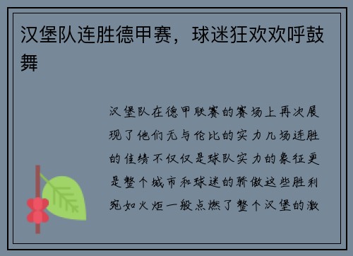 汉堡队连胜德甲赛，球迷狂欢欢呼鼓舞