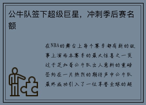 公牛队签下超级巨星，冲刺季后赛名额
